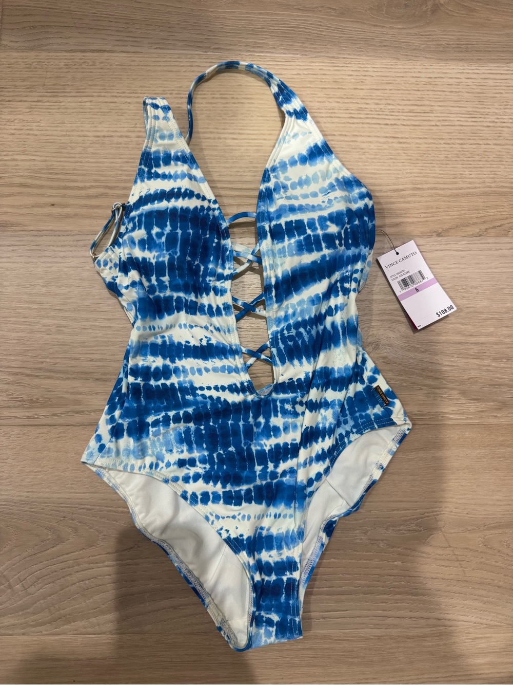 Vince Camuto Blue and White Tie-Dye Lace-Up One-Piece Swimsuit